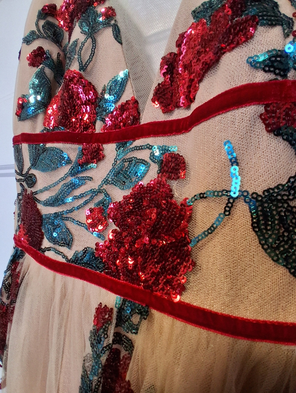 Bronx and Banco Nude Maxi Gown with Red and Green Sequin Florals - Picture 4 of 7
